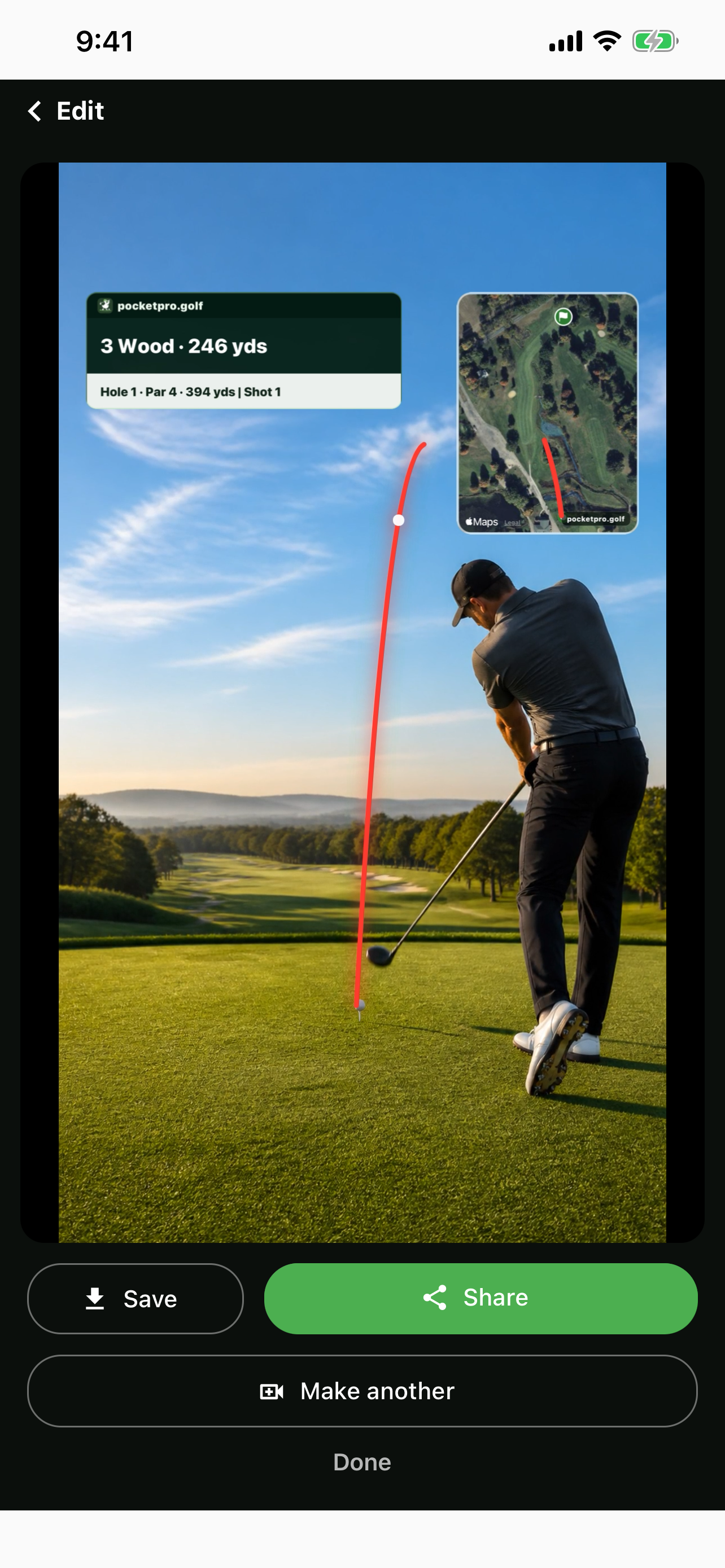 Finished PocketPro Shot Tracer video with an animated ball flight, shot stats, course map, and share controls