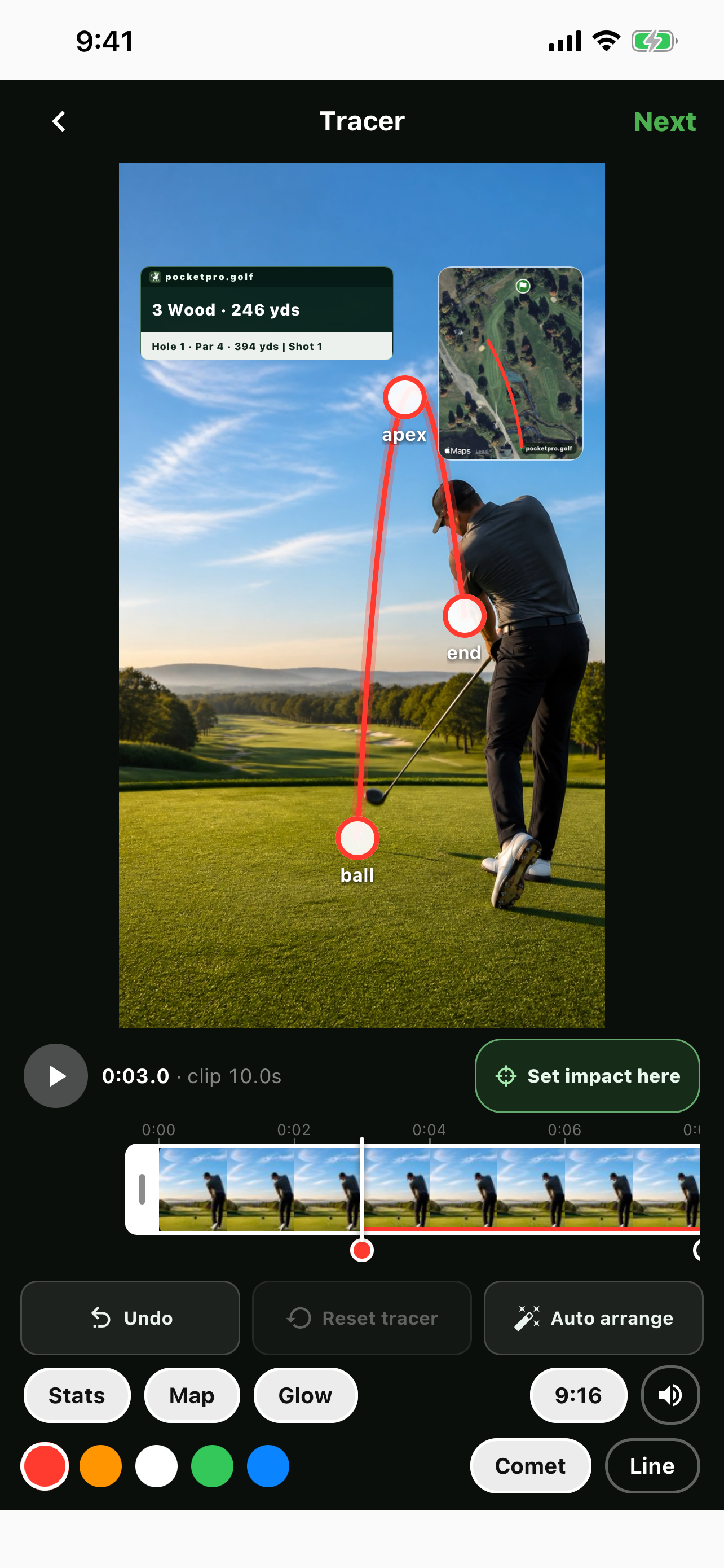 PocketPro Shot Tracer editor with flight path, timeline, colors, stats, and map controls