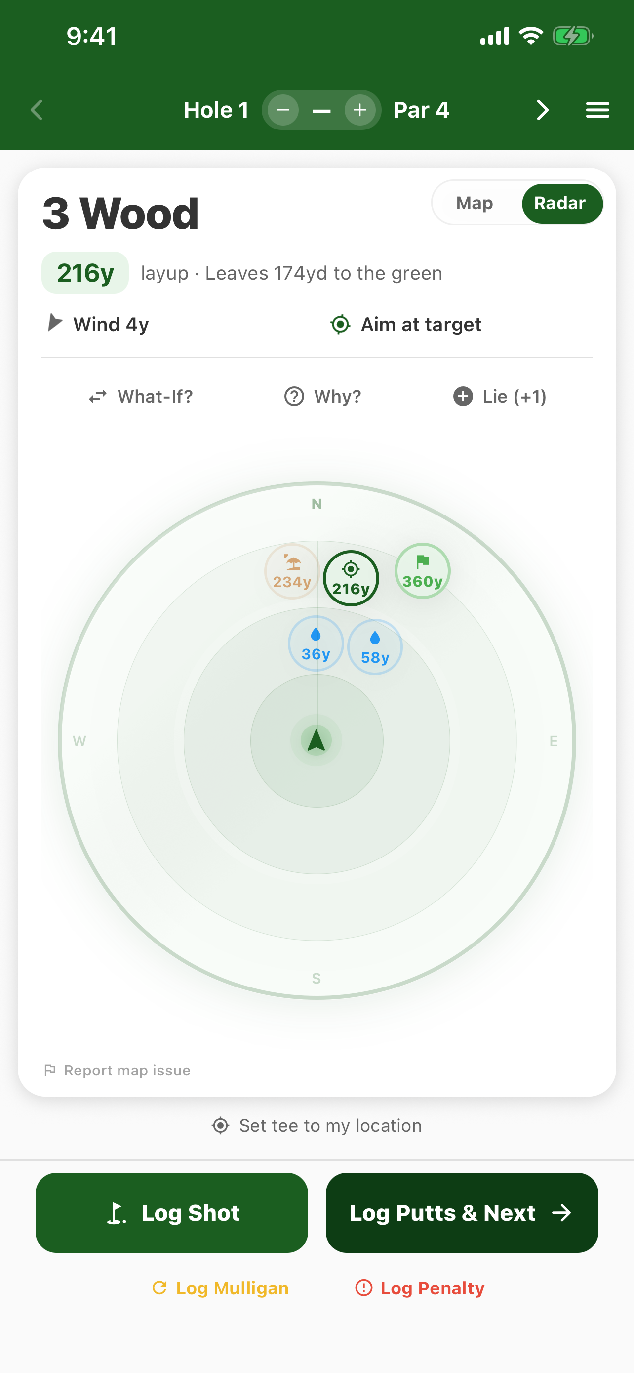 PocketPro live hazard radar with hazards, the green, and aim zone plotted on a true-bearing compass