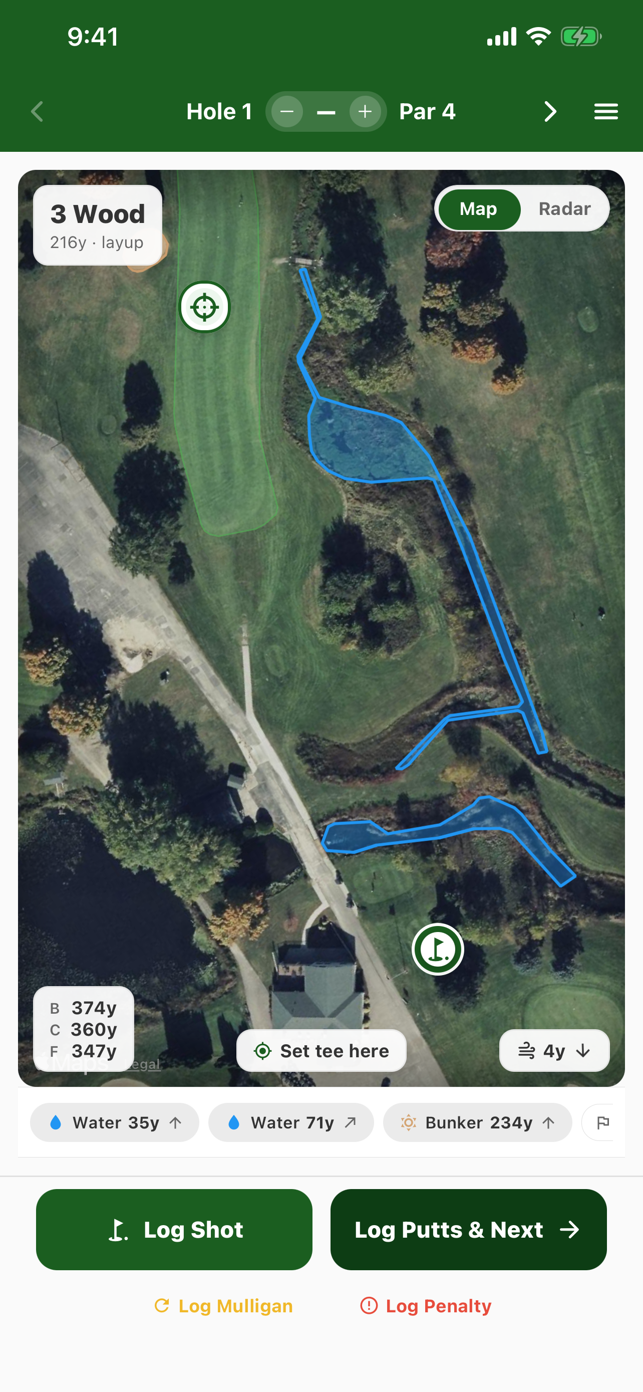 PocketPro hole map view with tee shot recommendation and hazard markers