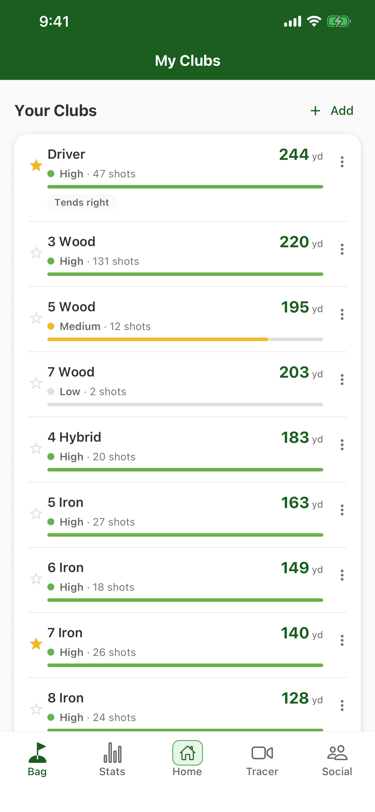PocketPro My Clubs screen with carry distances and confidence ratings